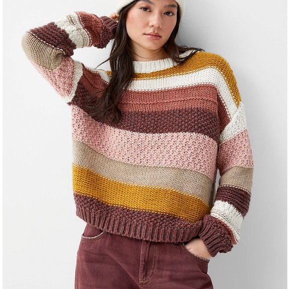 Fall earthy colors textured stripes touch of wool soft sweater made in Italy NWT - Picture 1 of 11